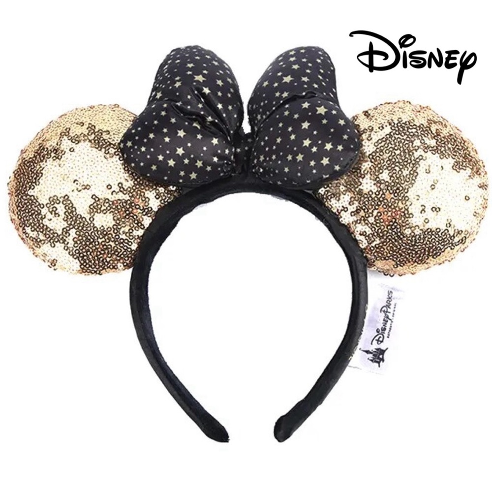 Disney Mickey Ears Padded Sequin Gold with Stars Pattern Bow NWT